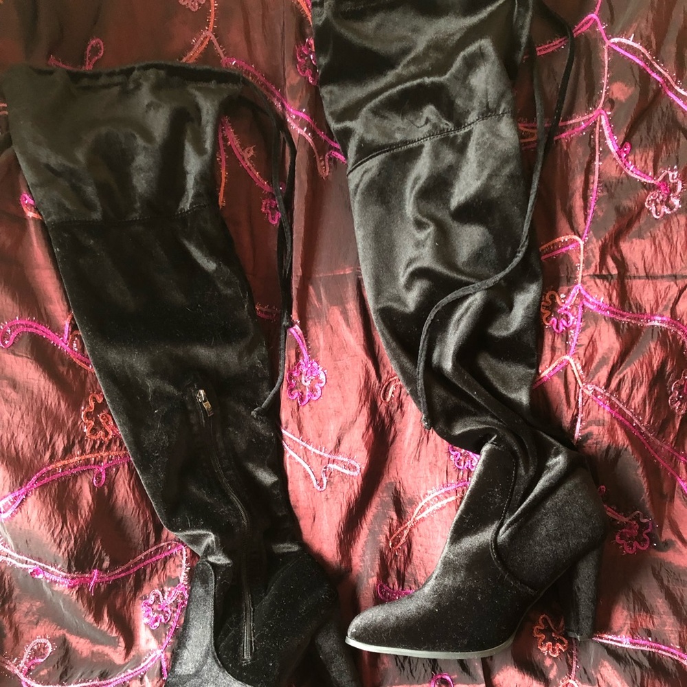 Black velvet thigh high boots